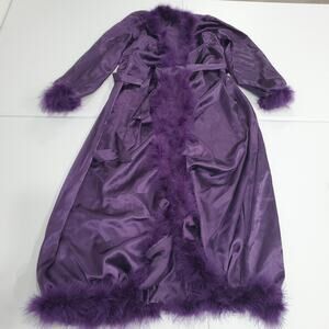 Midnight Velvet Robe Womens Small Purple Satin Feather Trim Belted Long Kimono